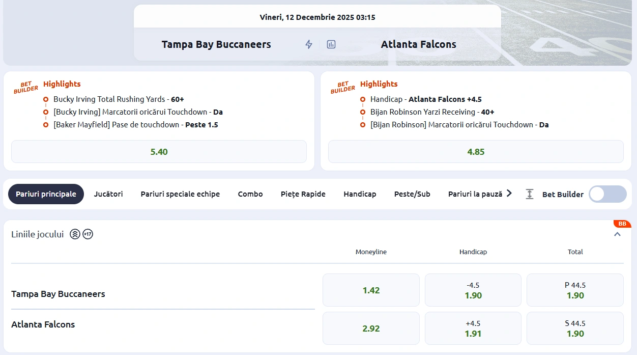 cote pariuri Tampa Bay Buccaneers vs Atlanta Falcons - NFL 11 decembrie 2025