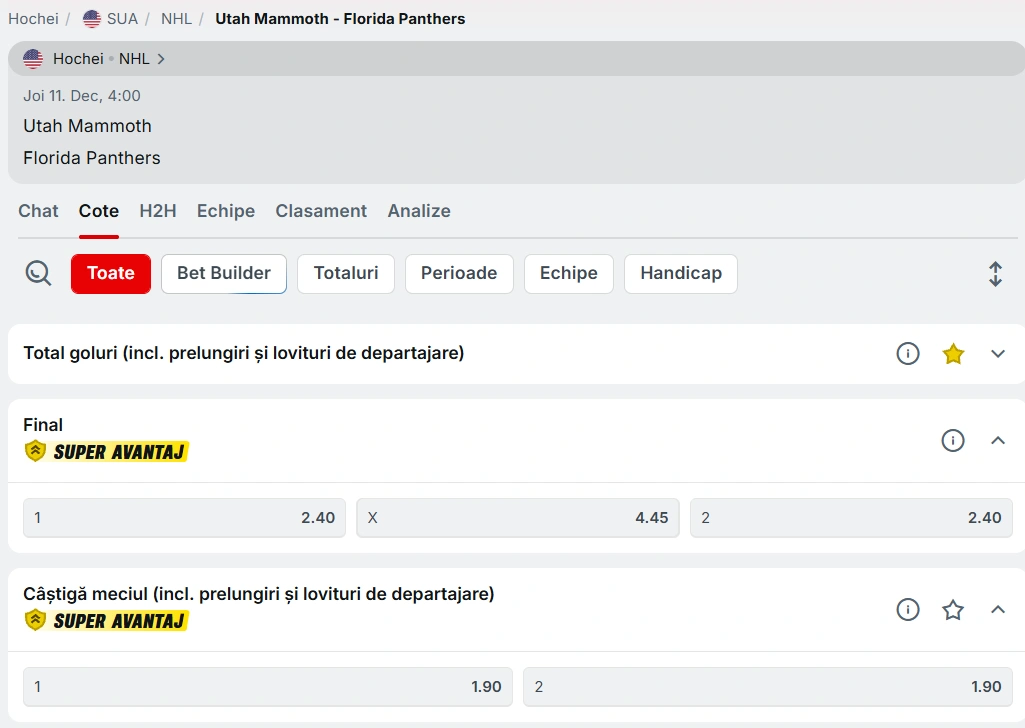 cote pariuri Utah Mammoth vs Florida Panthers - NHL 10.12.2025