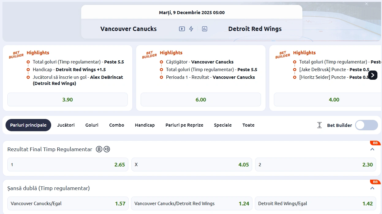cote pariuri Vancouver Canucks vs Detroit Red Wings - NHL 08.12.2025