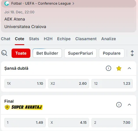 Cote pariuri AEK Atena - Universitatea Craiova la Superbet
