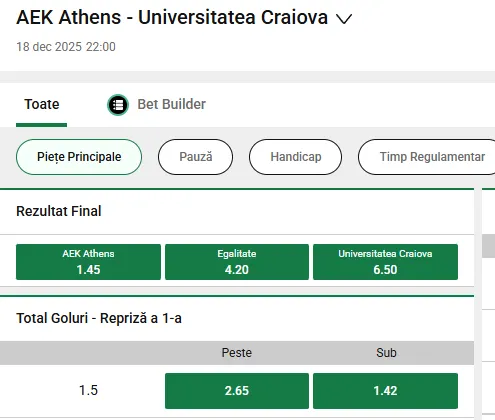 Oferta de cote pariuri în AEK Atena - Univ. Craiova la Unibet