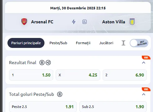 Cote pariuri Arsenal vs Aston Villa la Betano