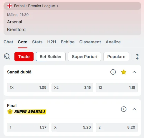Cote pariuri Arsenal vs Brentford la Superbet
