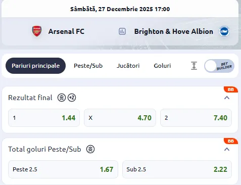 Cote pariuri Arsenal vs Brighton la Betano