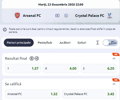 Cote pariuri Arsenal vs Crystal Palace la Betano