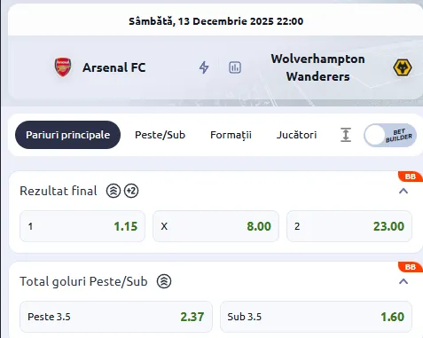 Cote pariuri Arsenal vs Wolves la Betano