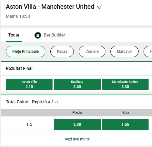 Cote pariuri Aston Villa vs Manchester United la Unibet