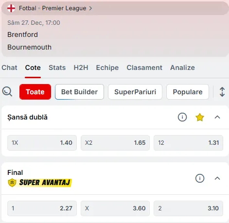 Cote pariuri Brentford - Bournemouth la Superbet