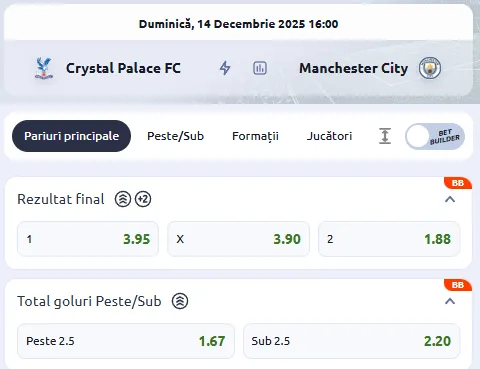 Cote pariuri Crystal Palace - Manchester City la Betano