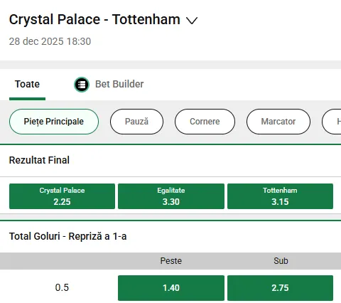 Cote pariuri Crystal Palace vs Tottenham la Unibet