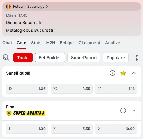 Cote pariuri Dinamo vs Metaloglobus la Superbet