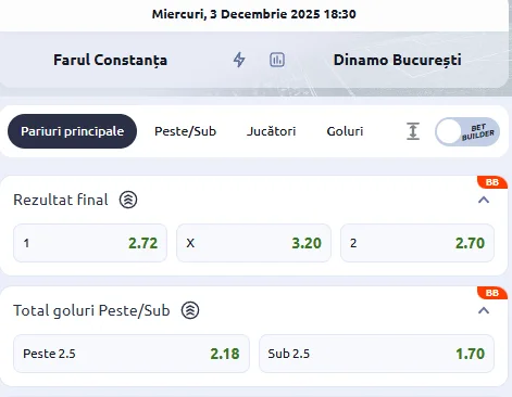Cote pariuri Farul Constanța vs Dinamo la Betano