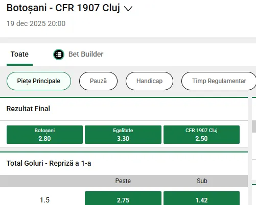 Cote pariuri FC Botoșani vs CFR Cluj la Unibet