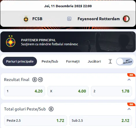 Cote pariuri FCSB vs Feyenoord la Betano
