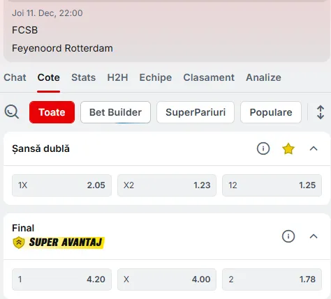 Oferta de cote pariuri pentru FCSB vs Feyenoord, la Superbet