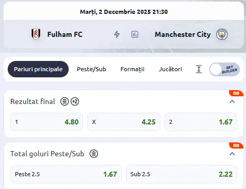 Cote pariuri Fulham vs Manchester City la Betano