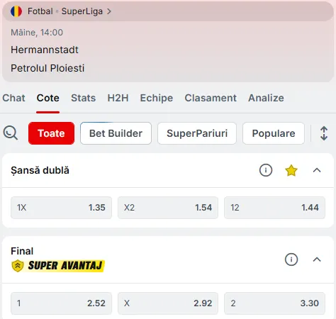 Cote pariuri Hermannstadt vs Petrolul Ploiești la Superbet