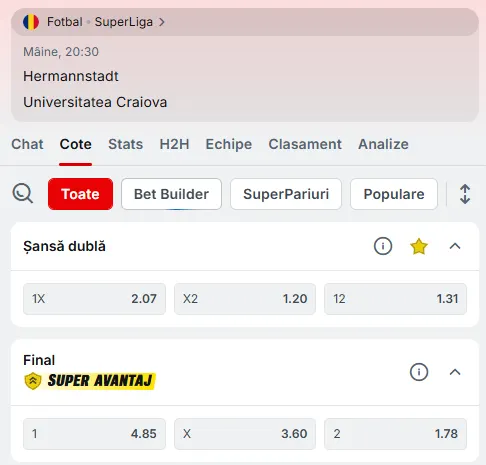 Cote pariuri Hermannstadt vs Universitatea Craiova la Superbet