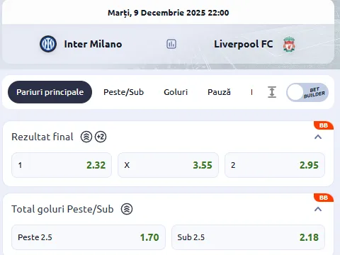 Oferta de cote pariuri în Inter - Liverpool la Betano