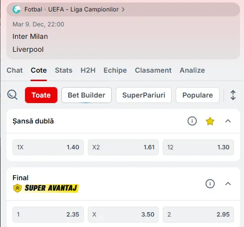 Cote pariuri Inter - Liverpool la Superbet