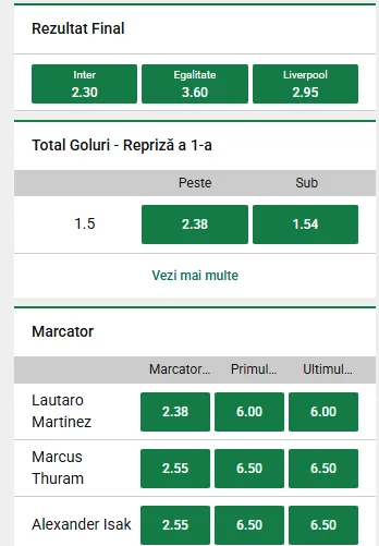 Cum arată cotele în Inter - Liverpool la Unibet?