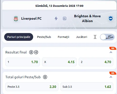 Cote pariuri Liverpool vs Brighton oferite de Betano