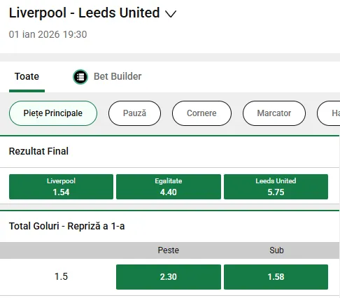 Cote pariuri Liverpool vs Leeds la Unibet