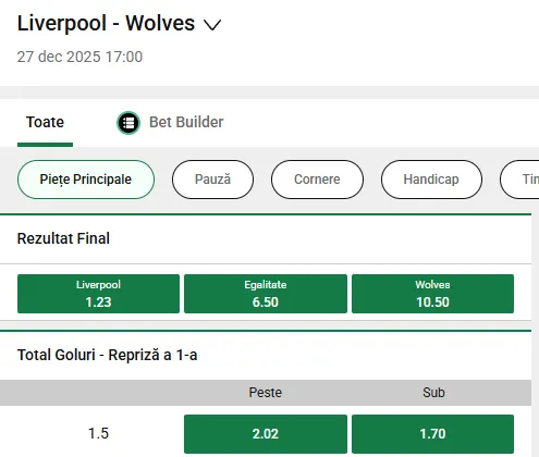 Cote pariuri Liverpool vs Wolves la Unibet