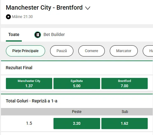 Cote pariuri Manchester City vs Brentford la Unibet