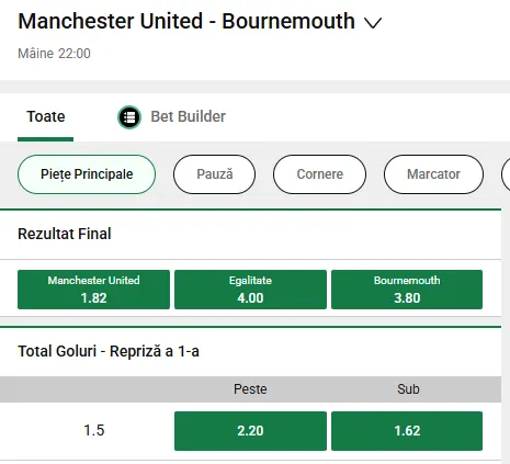Cote pariuri Manchester United - Bournemouth la Unibet