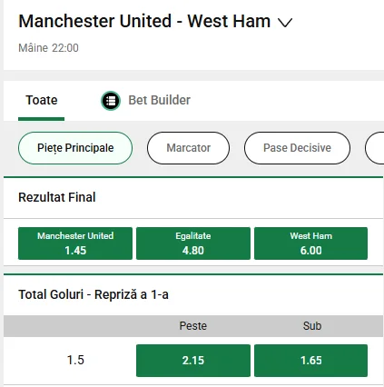 Cote pariuri Manchester United vs West Ham la Unibet
