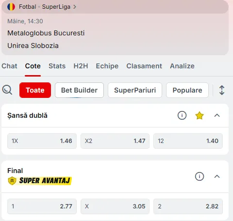 Cote pariuri Metaloglobus - Unirea Slobozia la Superbet