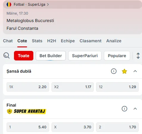 Cote pariuri Metaloglobus vs Farul Constanța la Superbet