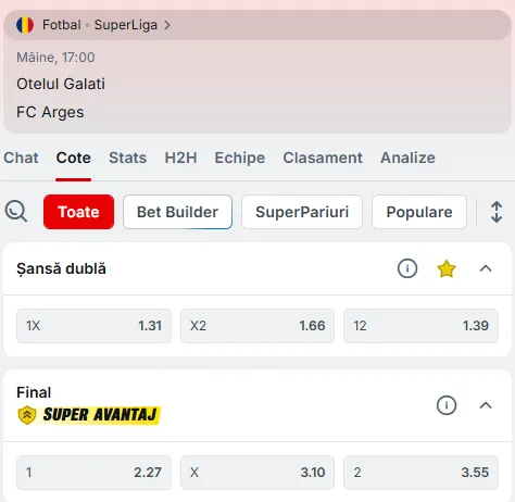 Cote pariuri Oțelul Galați - FC Argeș la Superbet