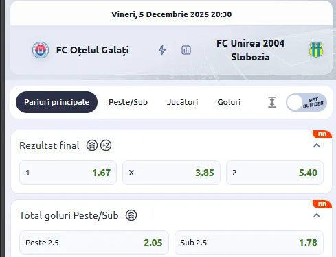 Cote pariuri Oțelul Galați - Unirea Slobozia la Betano