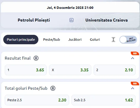 Cote pariuri Petrolul Ploiești - Universitatea Craiova la Betano