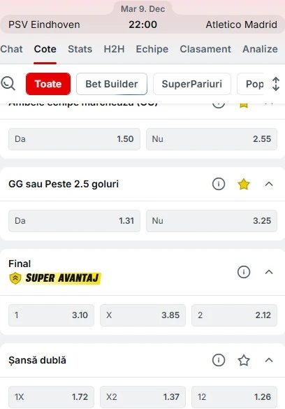 Cote pariuri PSV - Atletico Madrid la Superbet