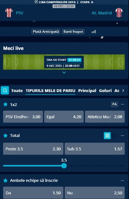 Cote pariuri PSV - Atletico Madrid de la Mr Bit