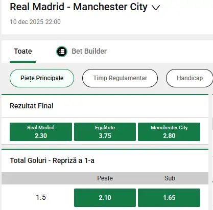 Oferta de cote pariuri pentru Real Madrid - Manchester City, la Unibet