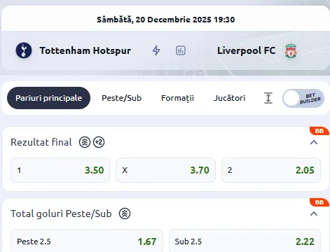 Cote pariuri Tottenham vs Liverpool oferite de Betano