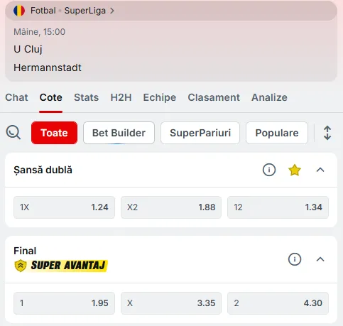 Cote pariuri U Cluj - Hermannstadt la Superbet