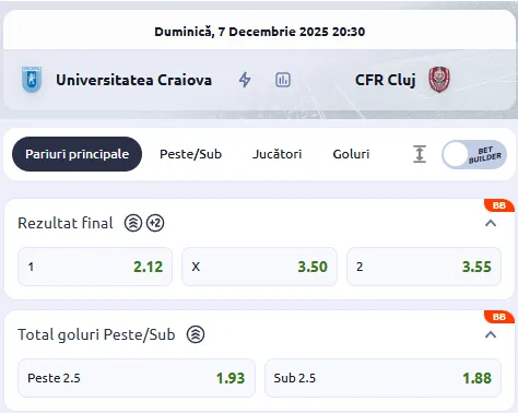 Cote pariuri Universitatea Craiova - CFR Cluj la Betano