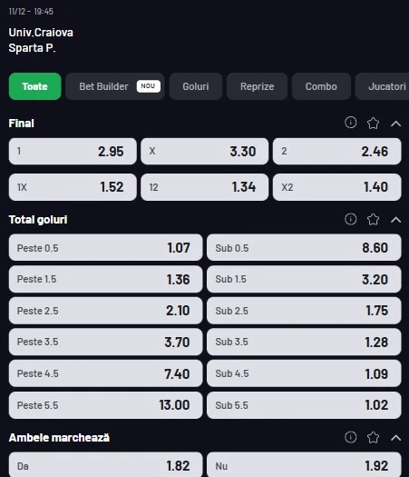 Cote pariuri Universitatea Craiova - Sparta Praga de la Maxbet