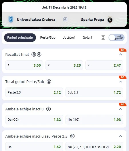 Cote pariuri Universitatea Craiova - Sparta Praga oferite de Betano