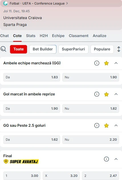 Cote pariuri Universitatea Craiova - Sparta Praga la Superbet