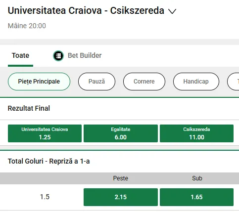 Cote pariuri Universitatea Craiova vs Csikszereda la Unibet