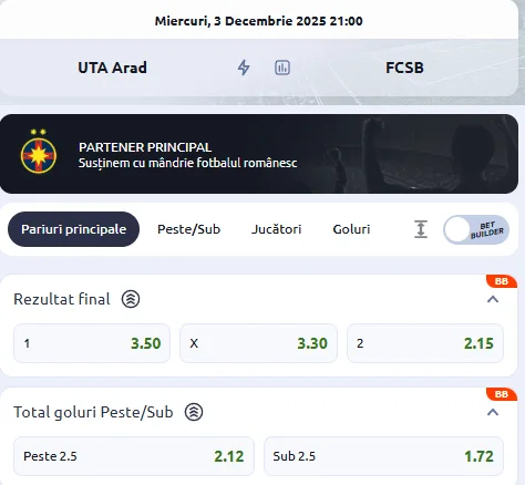 Cote pariuri UTA Arad vs FCSB la Betano