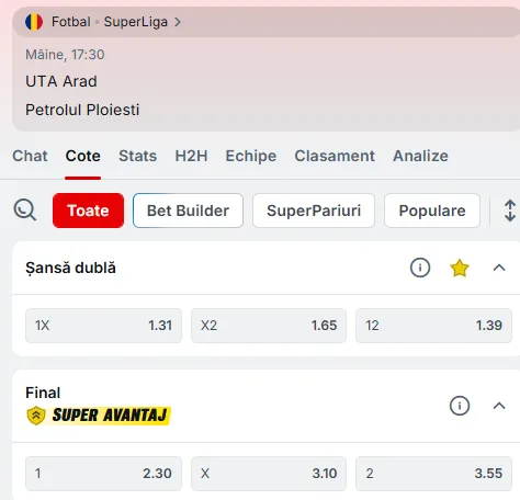 Cote pariuri UTA Arad vs Petrolul la Superbet