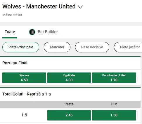 Cote pariuri Wolves vs Manchester United la Unibet