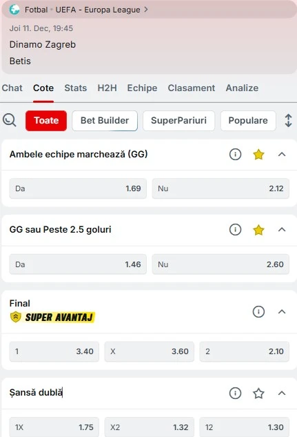 Cote pariuri Dinamo Zagreb vs Betis